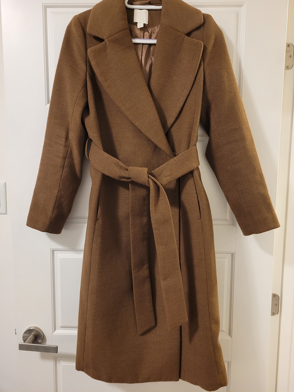H&M Belted Camel Brown Long Coat, Size 34
